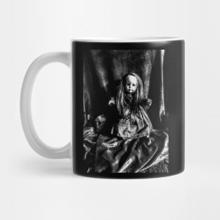 creepy  doll in black and white Mug